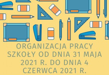 Organizacja pracy szkoły od dnia 31 maja 2021 r. do dnia 4 czerwca 2021 r.