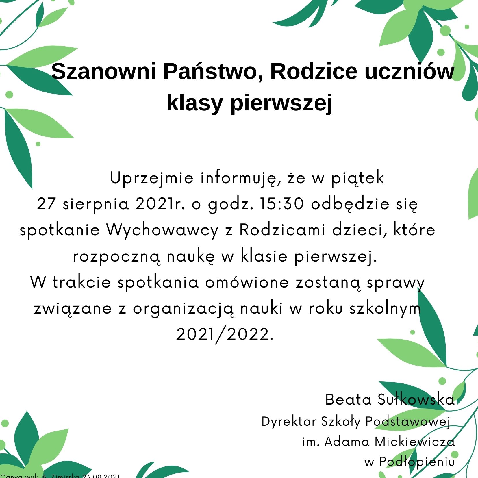 Spotkanie dla Rodziców uczniów rozpoczynających naukę w klasie pierwszej