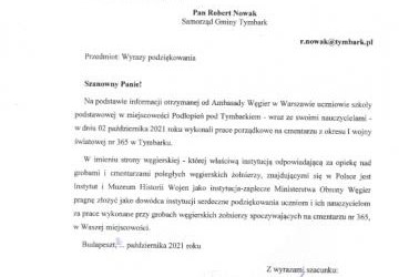 List z podziękowaniami od Komendanta Instytutu i Muzeum Historii Wojskowości przy Ministerstwie Obrony Narodowej Węgier i Pani Ambasador Węgier w Warszawie Orsolya Kovács.